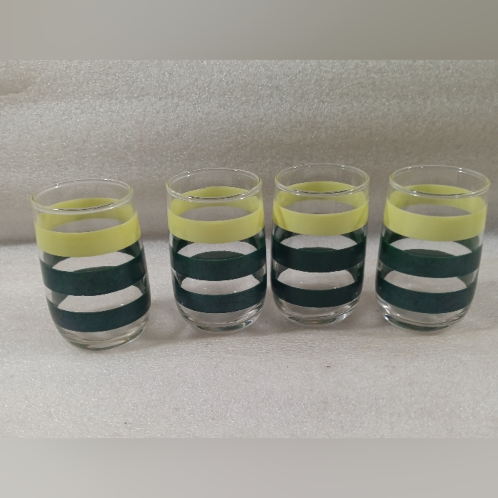 Vintage Set Of 4 MCM Juice Glasses Yellow Green Stripped 4 Oz